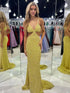 Terri | Mustard Green Sequins Deep V Neck Cutout Long Prom Dresses