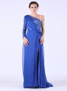 One Sleeve With Beadings And Slit Chiffon Prom Dresses