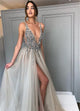 Grey V Neck Backless Slit Rhinestone Floor Length Tulle Prom Dress MOS03