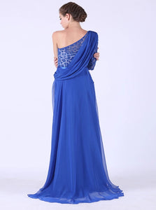 One Sleeve With Beadings And Slit Chiffon Sweep Train Prom Dresses