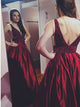 A Line V Neck Red Satin Open Back Prom Dress with Beadings and Pockets 