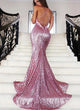Mermaid Rose Gold Sequins Backless Prom Evening Dress LBQ0039
