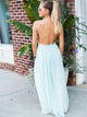 A Line Backless Mint Green Chiffon Prom Dresses with Lace