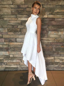 A Line High Neck Asymmetrical White Lace Prom Dresses