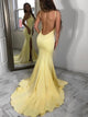 Sexy Mermaid Square Neck Sweep Train Open Back  Satin Prom Dress with Split