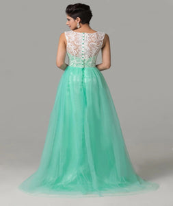 A Line Scoop Tulle And White Lace Prom Dresses