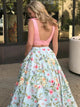 Idyllic  Sexy Two Piece V Neck Open Back Pink Floral Satin Sweep Train  Prom Dress