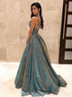 Ball Gown V Neck Sparkly Satin Criss Cross Prom Dresses with Pockets 