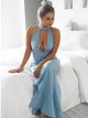 Mermaid Halter Keyhole Blue Satin Floor Length Prom Dress with Appliques 