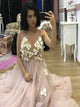 Gorgeous A Line Spaghetti Straps Pearl Pink Appliques Backless Prom Dresses