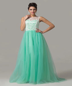 A Line Scoop Chapel Train Tulle And White Lace Mint Prom Dress