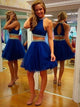 Two Piece Scoop Knee Length Tulle Backless Royal Blue Prom Homecoming Dress with Beaded