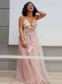 A Line Spaghetti Straps Pearl Pink Appliques Backless Prom Dress LBQ0251