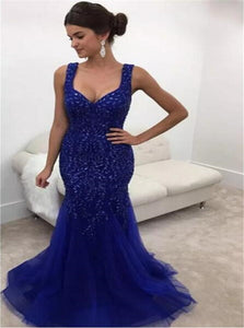  Mermaid Tulle Open Back Straps Beadings Sweep Train Prom Dresses 