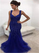  Mermaid Tulle Open Back Straps Beadings Sweep Train Prom Dresses 