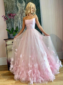 Light Pink Spaghetti Straps 3D Flowers Tulle Prom Dresses with Floor Length