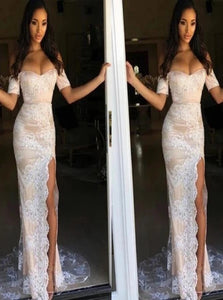 Mermaid Off the Shoulder Lace Prom Dresses with Slit