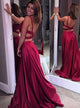 Dark Red Two Piece V Neck Backless Sleeveless Satin Prom Dress