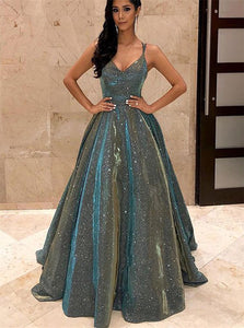 Ball Gown V Neck Sparkly Satin Floor Length Prom Dresses with Pockets 