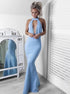 Mermaid Halter Keyhole Blue Satin Prom Dress with Appliques LBQ0202