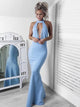Sexy Mermaid Halter Keyhole Blue Satin Prom Dress with Appliques 