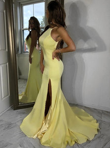 Yellow Mermaid Square Neck Sweep Train Open Back  Satin Prom Dresses with Split
