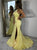 Yellow Mermaid Square Neck Sweep Train Open Back  Satin Prom Dresses with Split