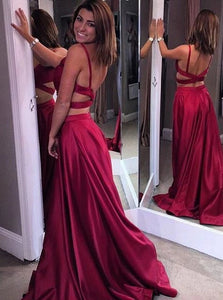 Two Piece V-Neck Backless Dark Red Satin Prom Dresses 