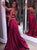 Two Piece V-Neck Backless Dark Red Satin Prom Dresses 