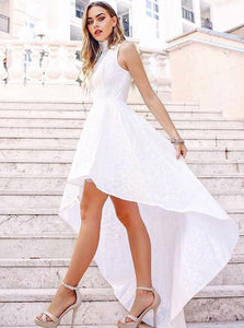 A Line High Neck High Low White Lace Sleeveless Prom Dresses
