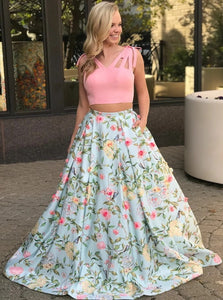 Sexy Two Piece V Neck Open Back Pink Floral Satin Sweep Train  Prom Dress