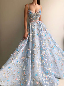A Line Scoop Embroidery Princess Organza Prom Dresses 