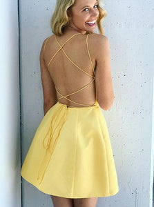 Yellow Criss Cross Spaghetti Straps Satin Homecoming Dress with Pockets