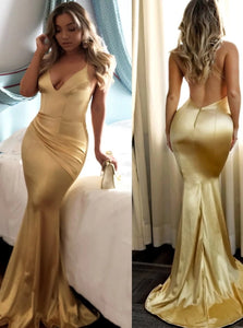 Mermaid Sweep Train Spaghetti Straps Criss Cross Gold Satin Prom Dresses 