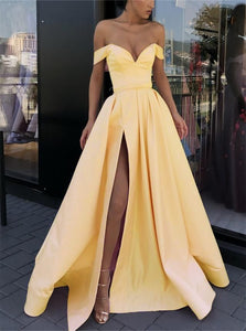 A Line Off the Shoulder Side Slit Yello Satin Prom Dresses