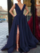 Blue Blackless Deep V Neck Satin Prom Dress with Slit