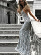 Mermaid Spaghetti Straps Grey Lace Sequins Prom Dress with Sweep Train