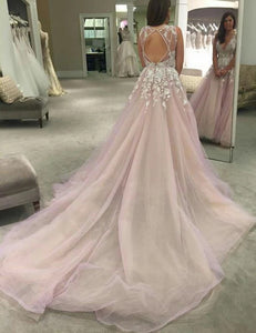 Lavender A Line Open Back Wedding Dress with Appliques