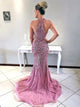 Mermaid Purple Tulle Prom Dresses with Beadings and Sweep Train