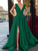 Green Sleeveless Deep V Neck Satin Prom Dress with Slit