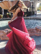 A Line V Neck Floor Length Burgundy Chiffon Sleeveless Prom Dress with Beadings