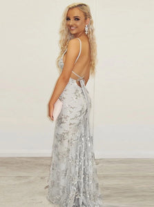 Mermaid Spaghetti Straps Sleeveless Grey Lace Sequins Prom Dress