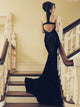 Mermaid Jewel Open Back Black Satin Prom Dress with Beadings and Sweep Train