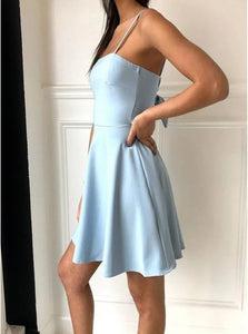 Elegant Light Blue A Line Spaghetti Straps Above Knee Satin Bowknot Homecoming Dress 