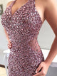 Mermaid V Neck Purple Tulle Prom Dress with Beadings