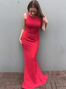 Elegant Sheath Red Scoop Open Back Satin Prom Dress