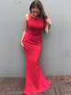 Elegant Sheath Red Scoop Open Back Satin Prom Dress