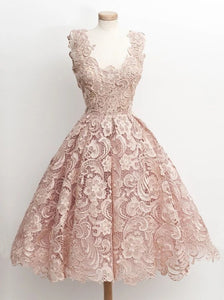 Elegant Blushing Lace Knee Length Sleeveless Prom Dress