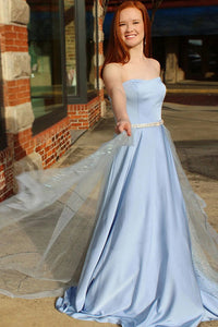Sky Blue Strapless Elegant Satin Prom Dresses with Chapel Train