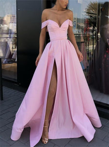 A Line Off the Shoulder Side Slit Floor Length Prom Dresses